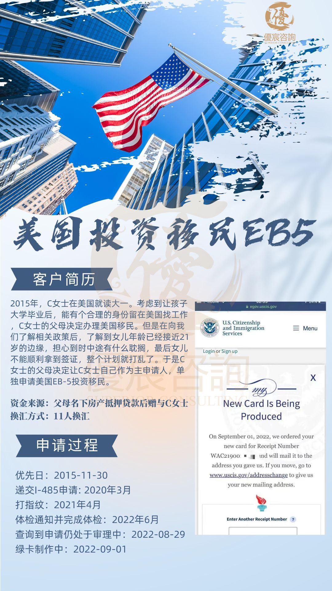恭喜C女士，选择美国投资移民eb5移美成功