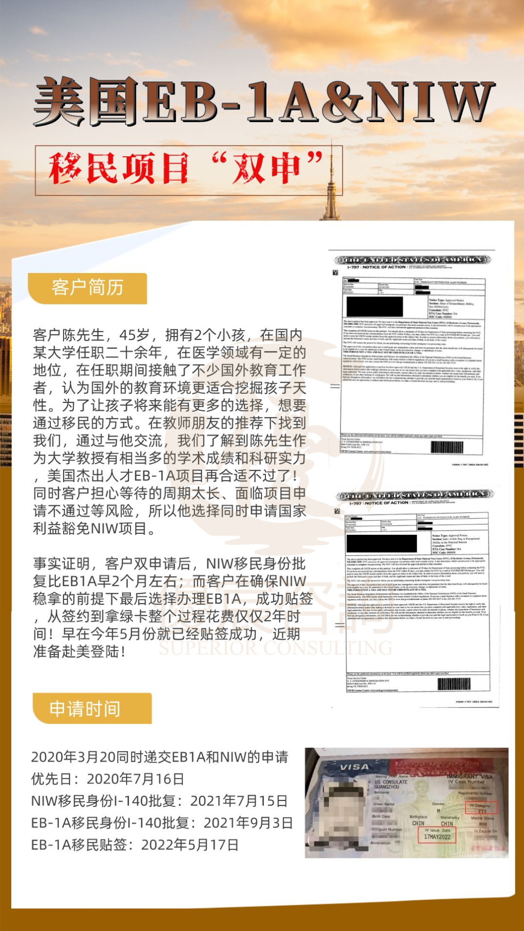 [美国]恭喜客户陈先生双申请项目EB1A和NIW成功移民美国