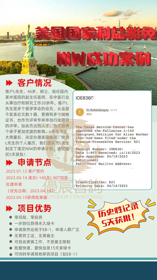 恭喜客户L先生通过NIW国家利益豁免项目移民