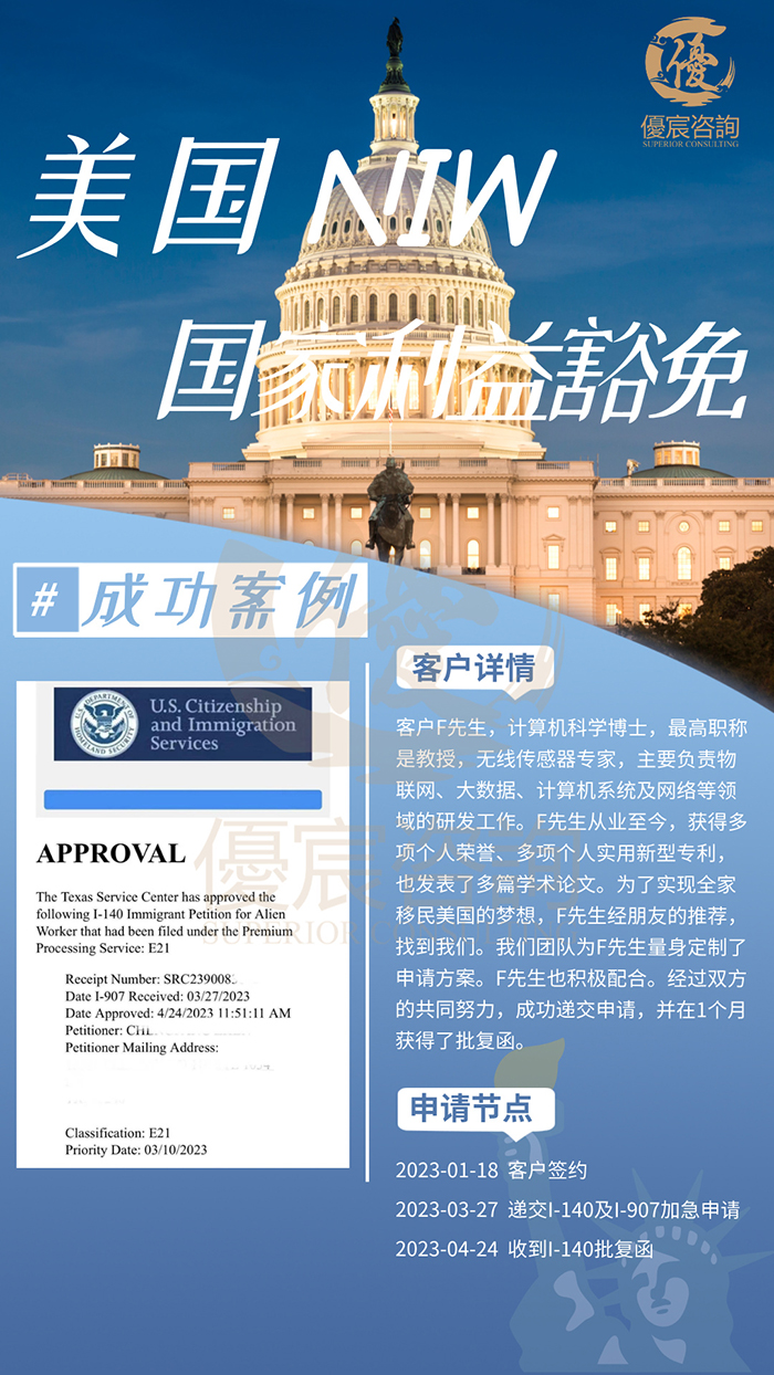 客户F先生通过NIW国家利益豁免项目成功移美