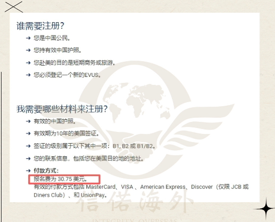 EVUS登记费用 EVUS最新政策