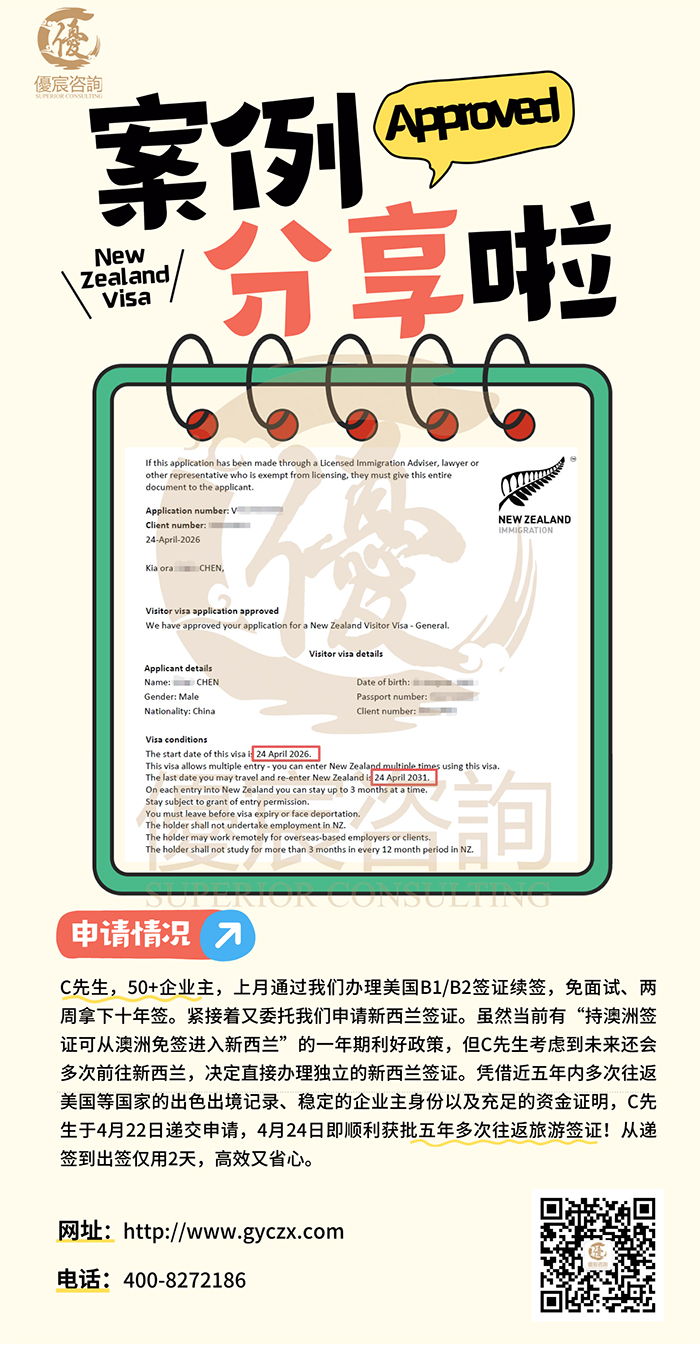 恭喜C先生，上月办理了B1/B2续签，这次再办理了新西兰签证