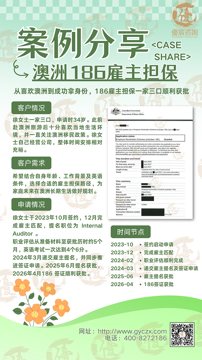 一次澳洲旅行后决定留下，186雇主担保一家三口顺利获批